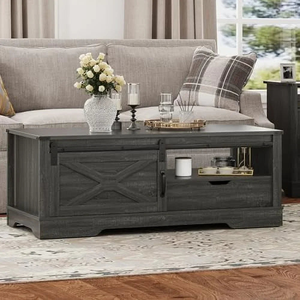 AYFDEGT Farmhouse Coffee Table 48 x 22 inch With Sliding Barn Door And Open Shelves