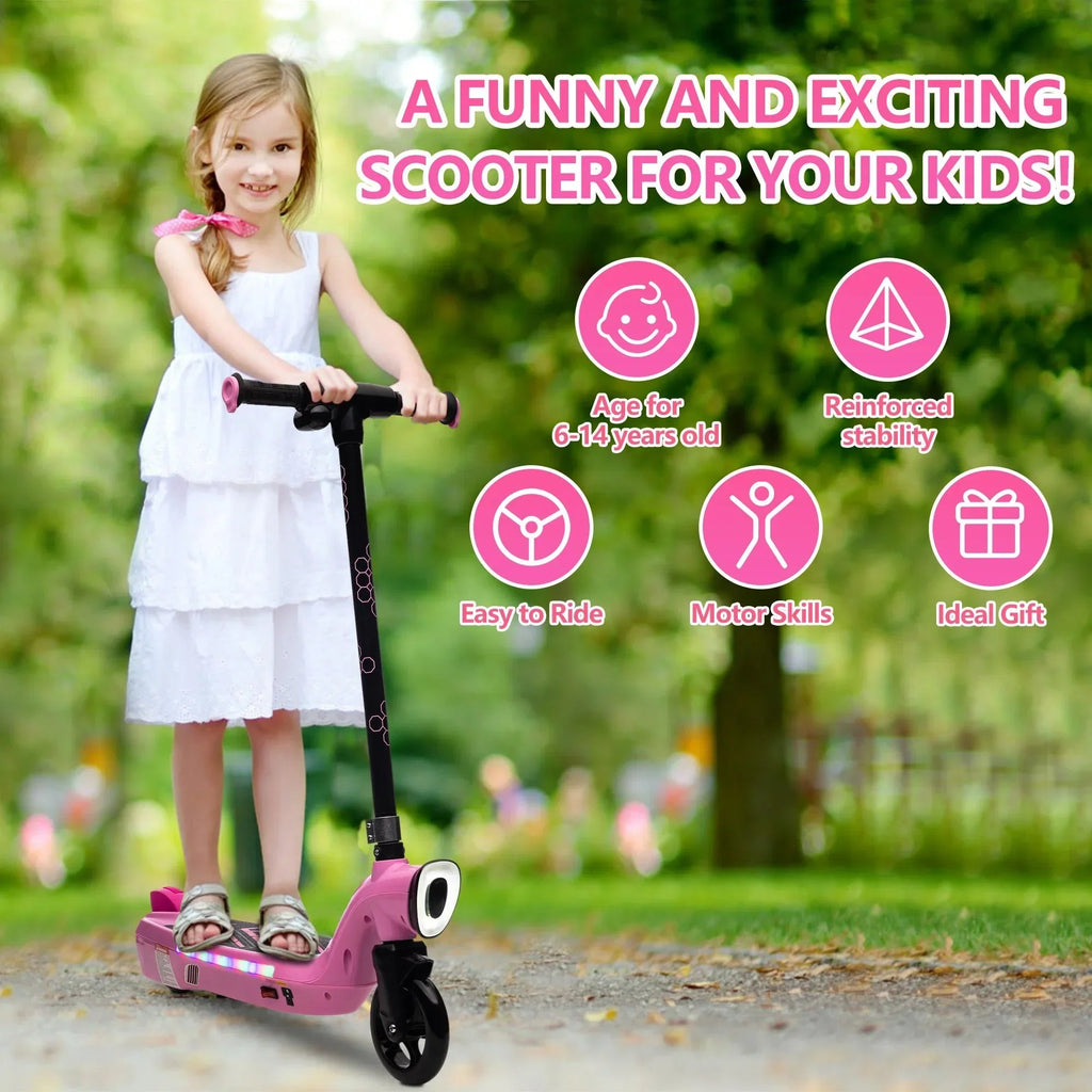 iRerts Kids Electric Scooter 12V 45W With Front Light, Rear Brake And Colorful Deck Light - Pink