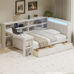 Ivery Furniture L-Shaped Wooden Twin/Full Daybed With Desk, Bookcase, Drawers And RGB Light - Natural/White