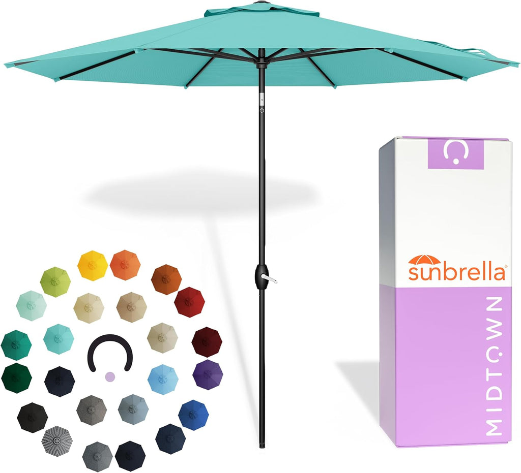 Midtown Umbrellas 9 Ft Patio Umbrella With Sunbrella Fabric, Aruba Canopy, Black Pole, Aluminum Frame And 8 Reinforced Ribs - The Lean