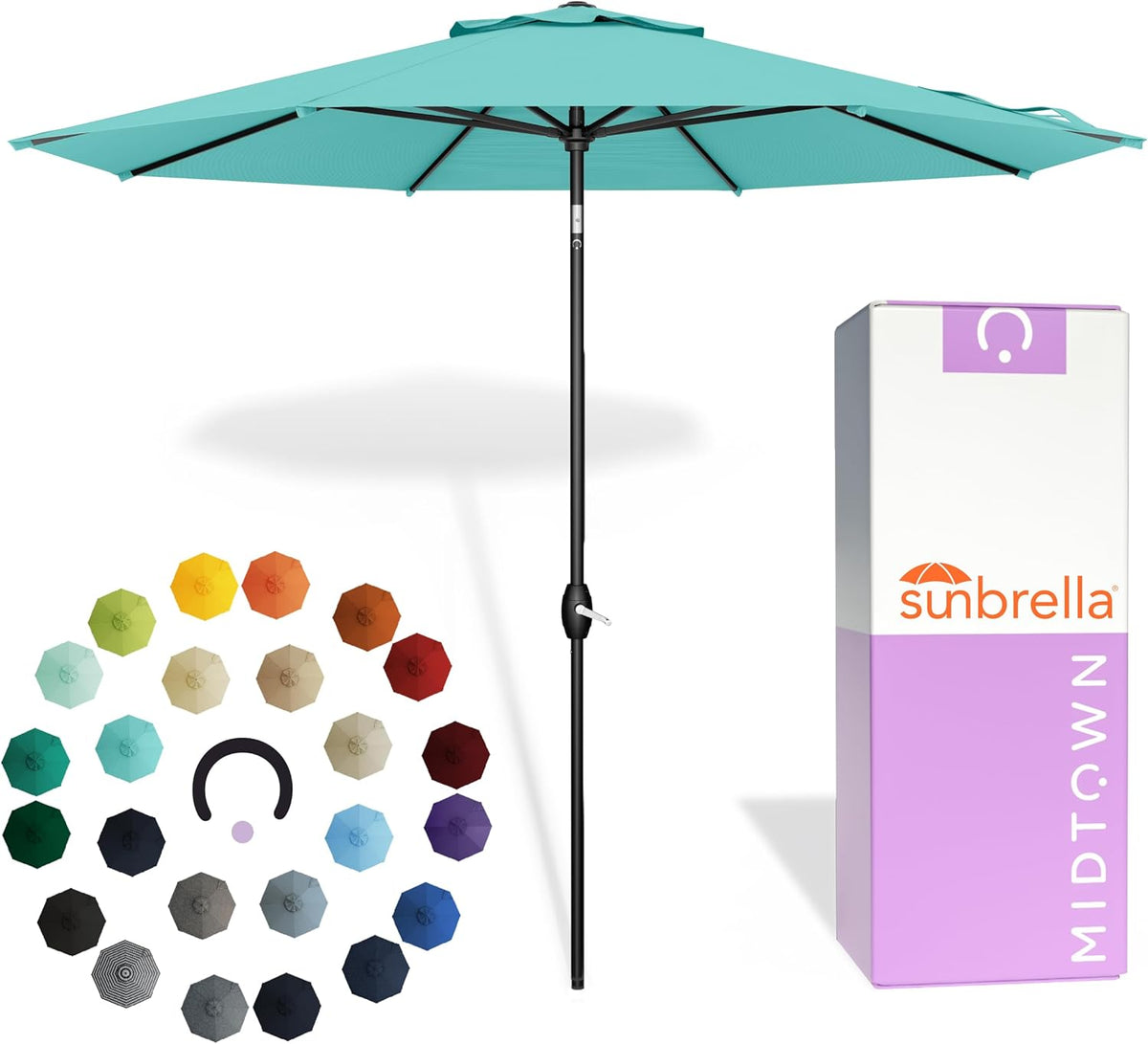 Midtown Umbrellas 9 Ft Patio Umbrella With Sunbrella Fabric, Aruba Canopy, Black Pole, Aluminum Frame And 8 Reinforced Ribs - The Lean