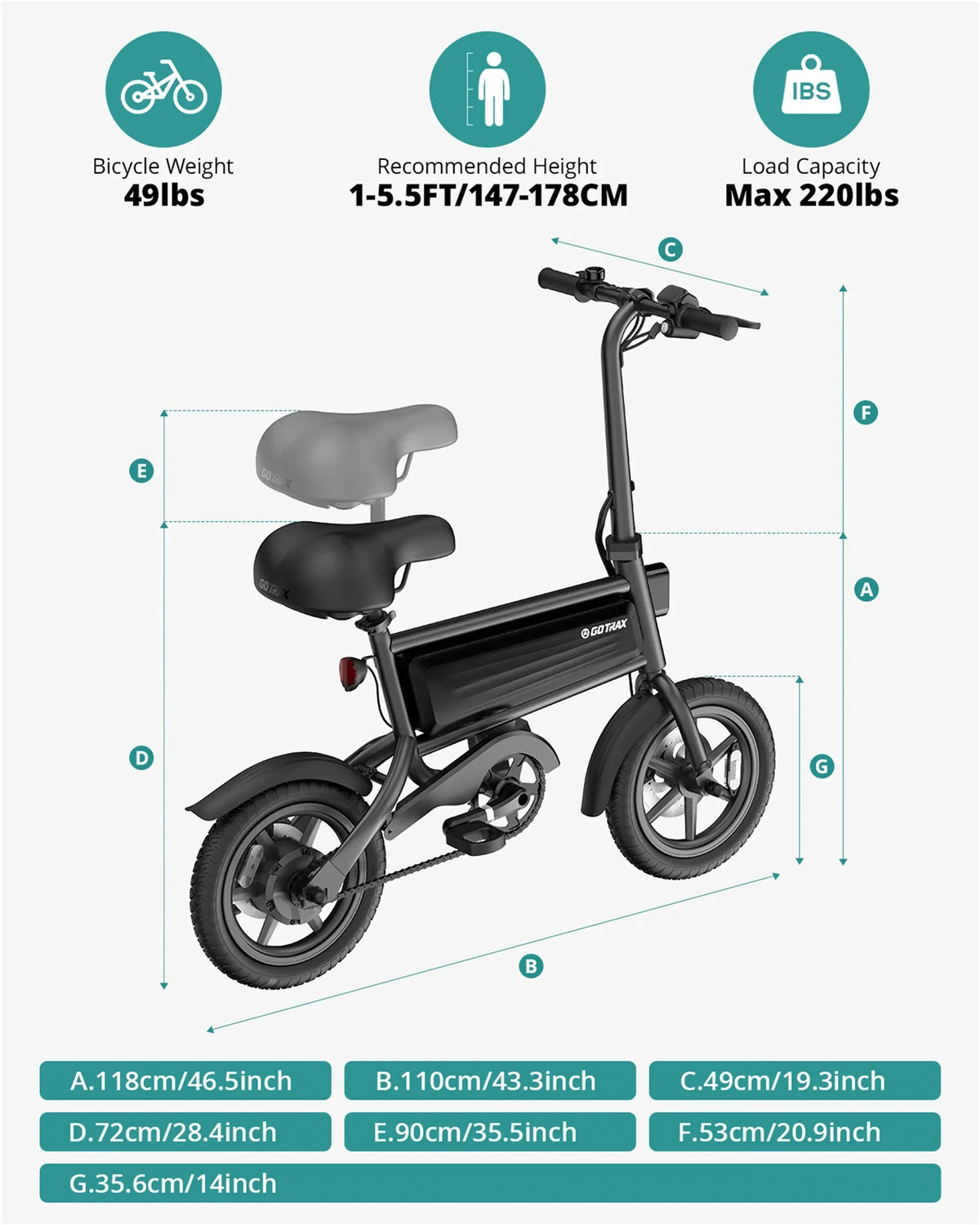 GOTRAX Folding Electric Bike For Adults And Teens, 14 inch, 250W, 15.5 mph, 15 Miles, Black - S2
