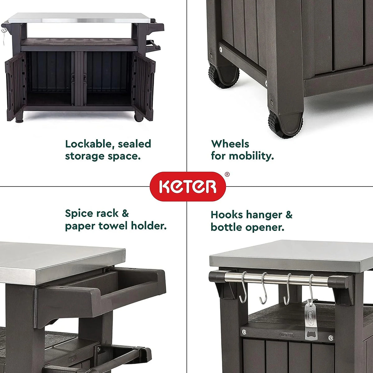 Keter Outdoor Kitchen Rolling Bar Cart, Brown, 78 Gallon - Unity XL