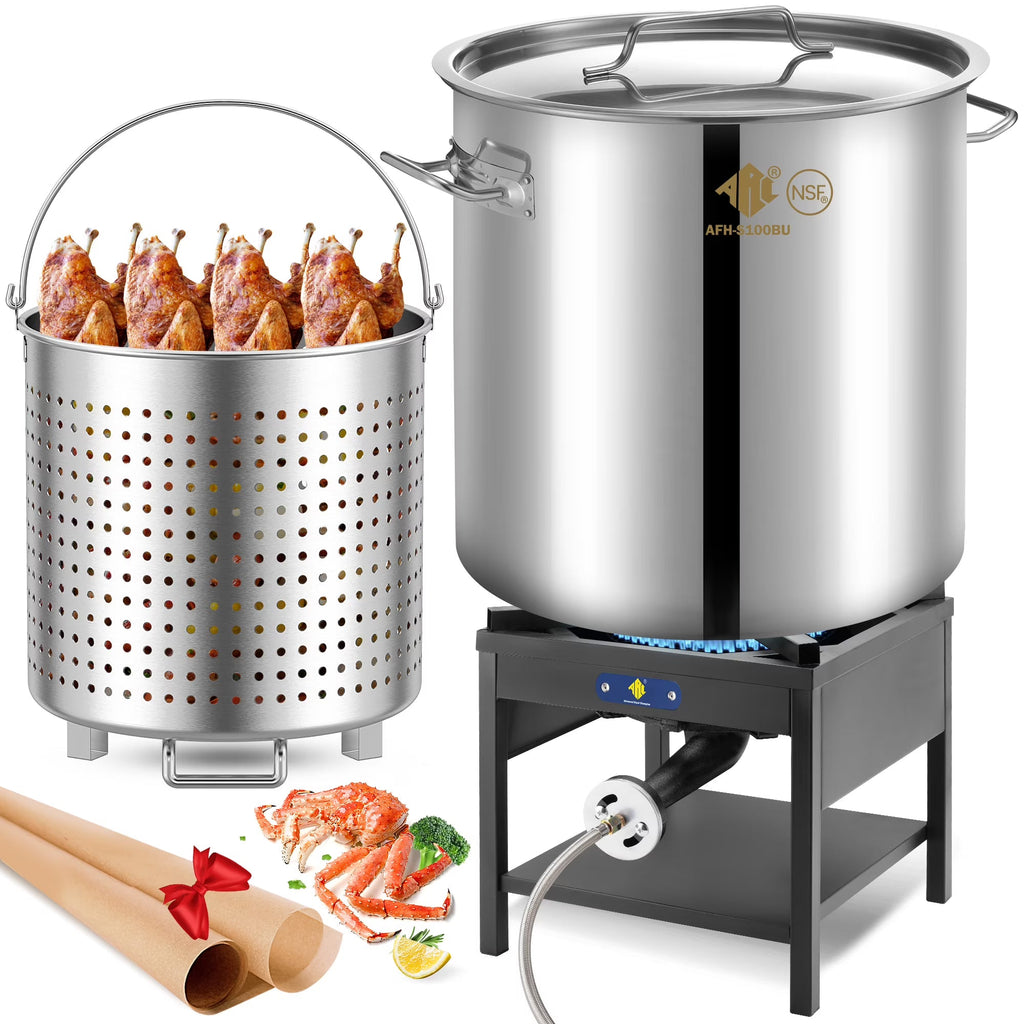 100QT Stainless Steel Seafood Boiling Kit With 82QT Basket And 200,000BTU Propane Stove