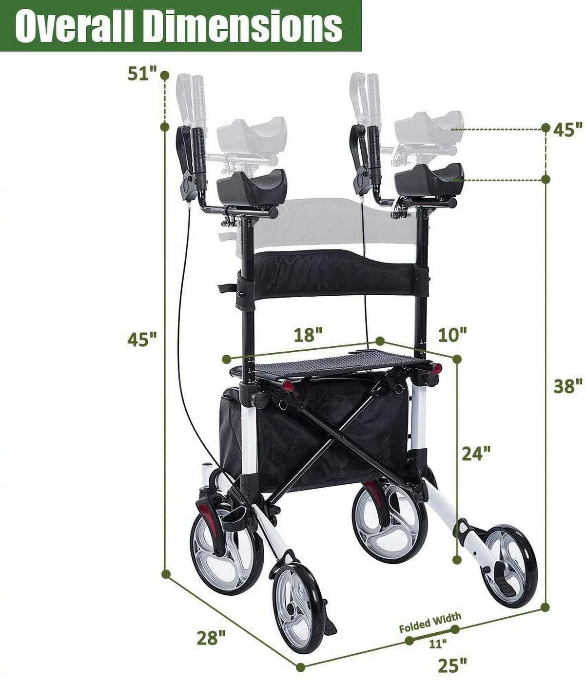 BEYOUR WALKER Upright Rollator Walker With 10 in Front Wheels, Seat, Armrests And 300 Pounds Capacity - White