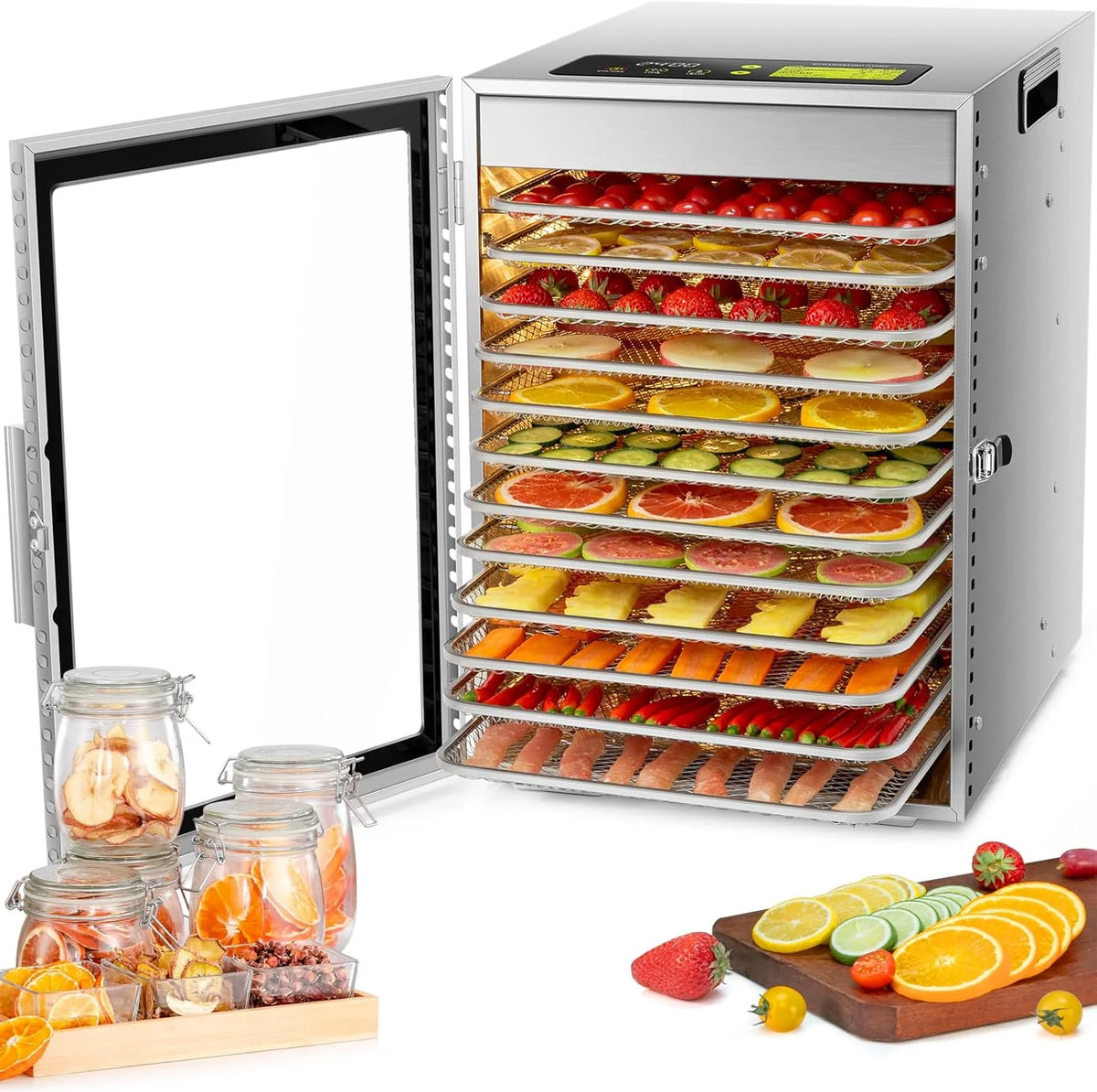 Food Dehydrator Machine, 12 Trays, Stainless Steel, 800W, 24H Timer, 30 C To 90 C