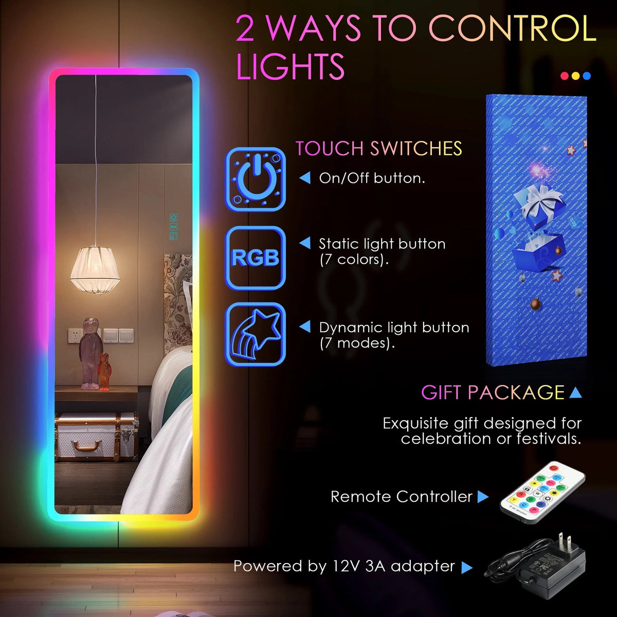 LVSOMT Full Length Mirror With Lights, 47 x 16 in, RGB Color Changing, 14 LED