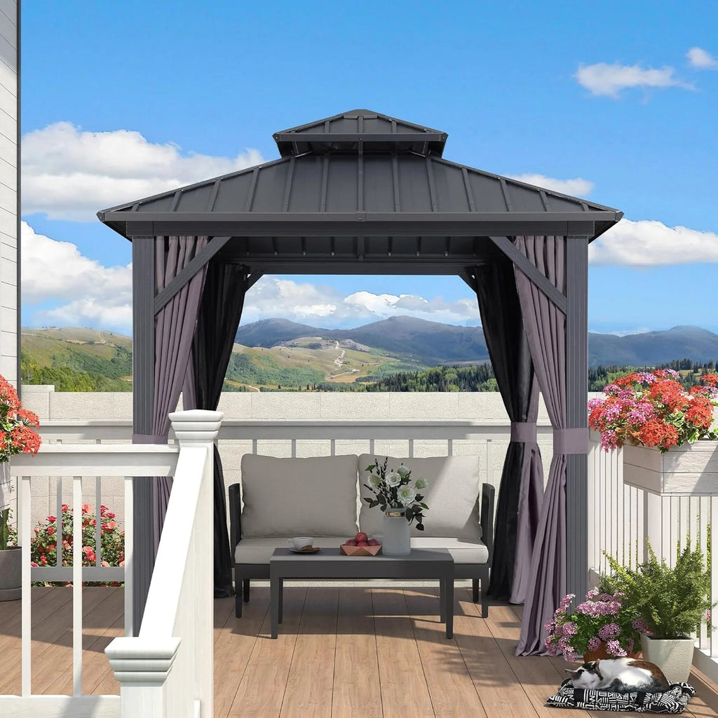 PURPLE LEAF Outdoor Hardtop Gazebo, 8' X 8', Galvanized Steel Double Roof, Aluminum Frame, Grey