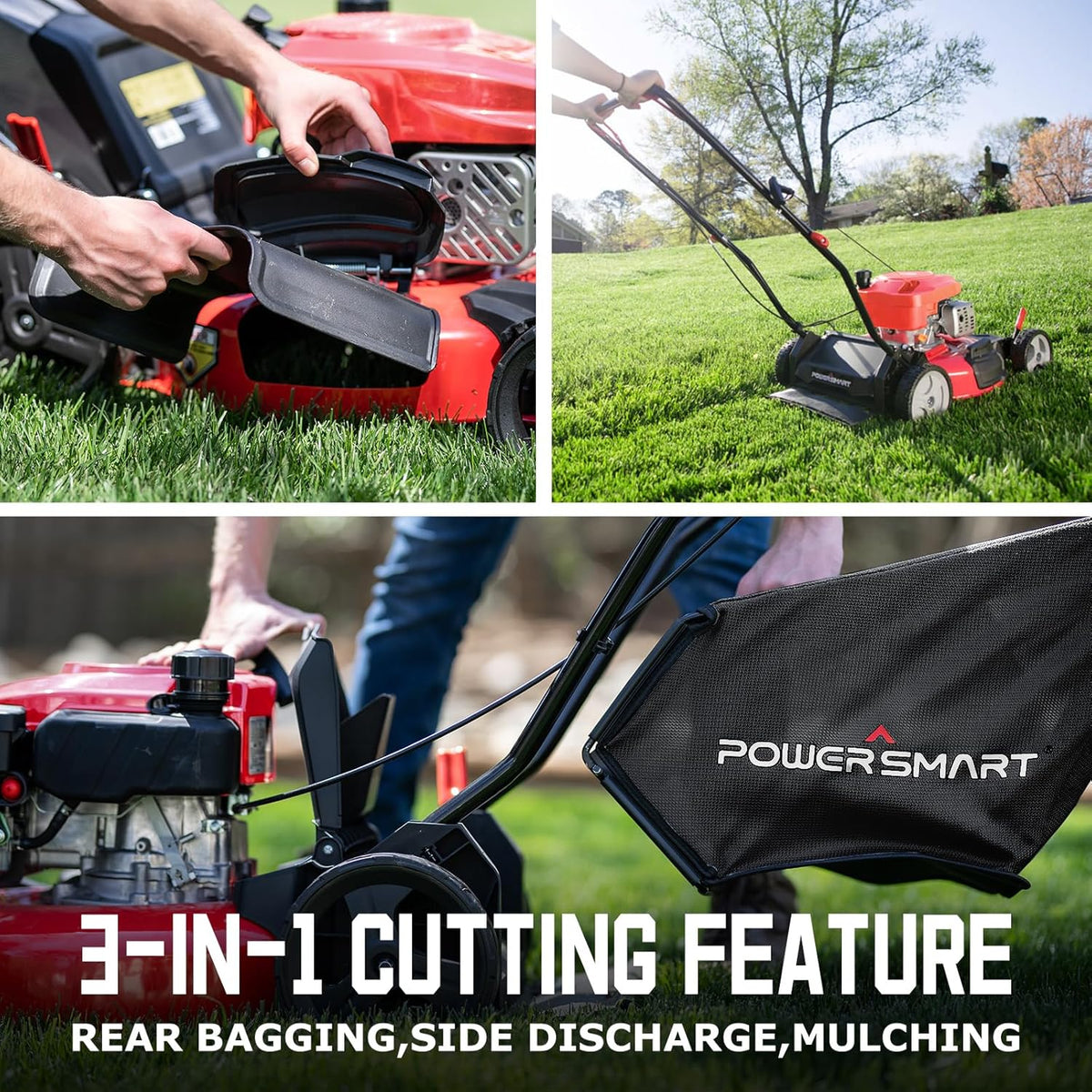 PowerSmart 18 in 144cc OHV 3-In-1 Gas-Powered Walk-Behind Lawn Mower With Mulch Bag