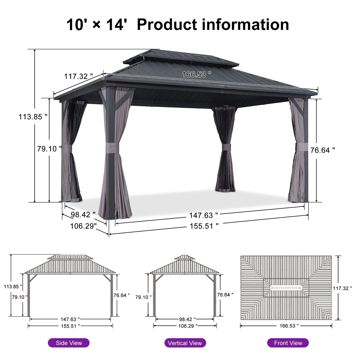 PURPLE LEAF Outdoor Hardtop Gazebo, 8' X 8', Galvanized Steel Double Roof, Aluminum Frame, Grey