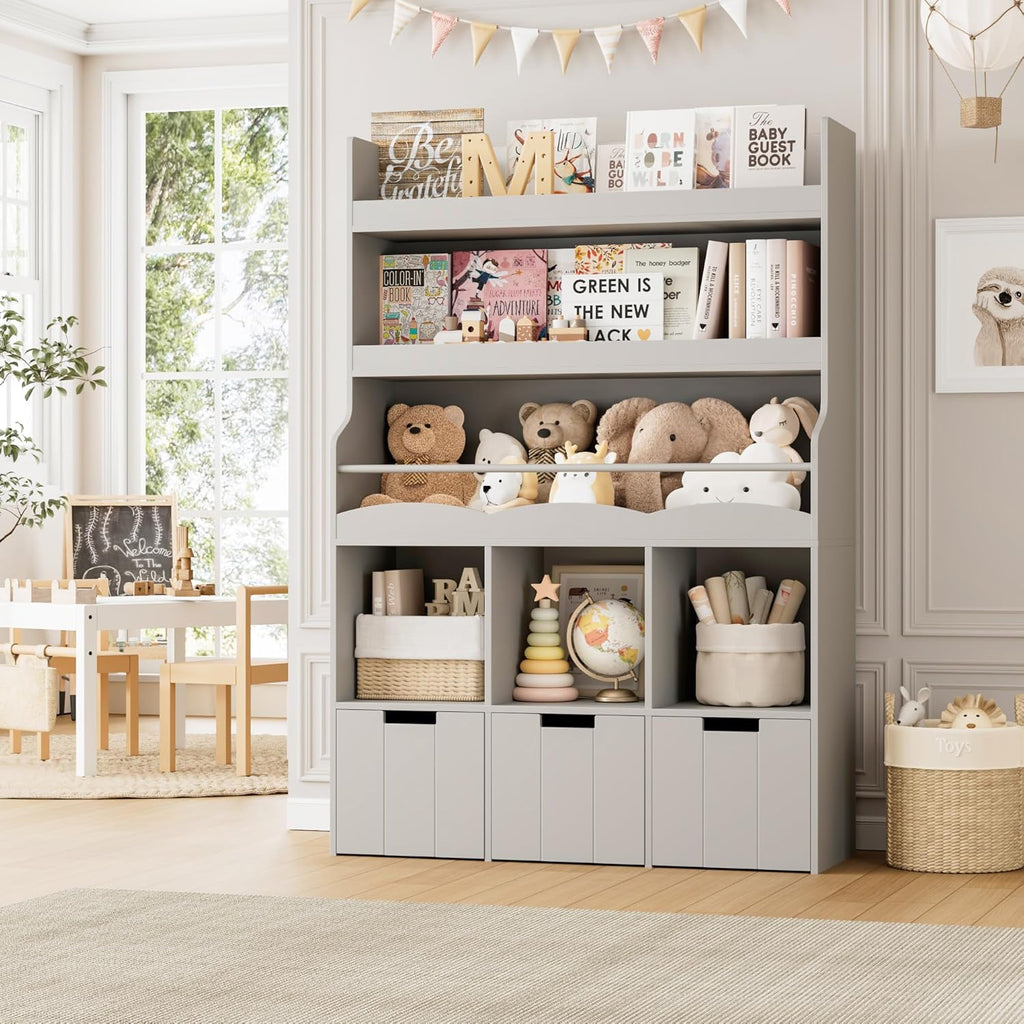 HITHOS Kids Bookshelf With Toy Storage Organizer, 55.3in H x 39.2in W, 3 Movable Storage Bins