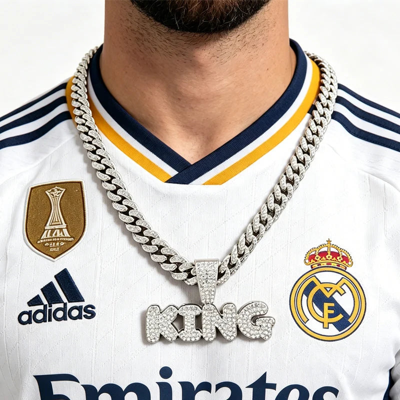 Full Diamond King Football Pendant Necklace With 20in Cuban Link Chain, 13mm Width