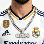 Full Diamond King Football Pendant Necklace With 20in Cuban Link Chain, 13mm Width