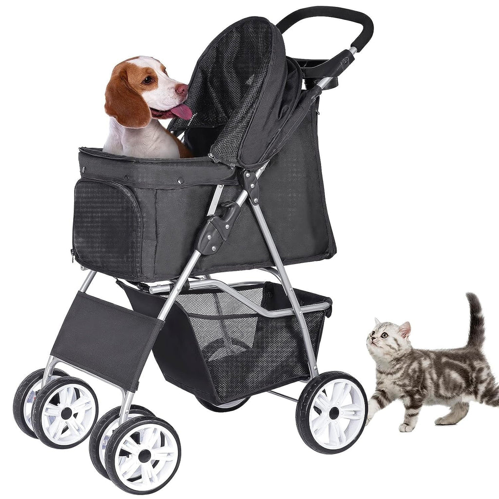 Foldable Cat/Dog Pet Stroller With 4 Wheel, Storage Basket, Cup Holder - Black