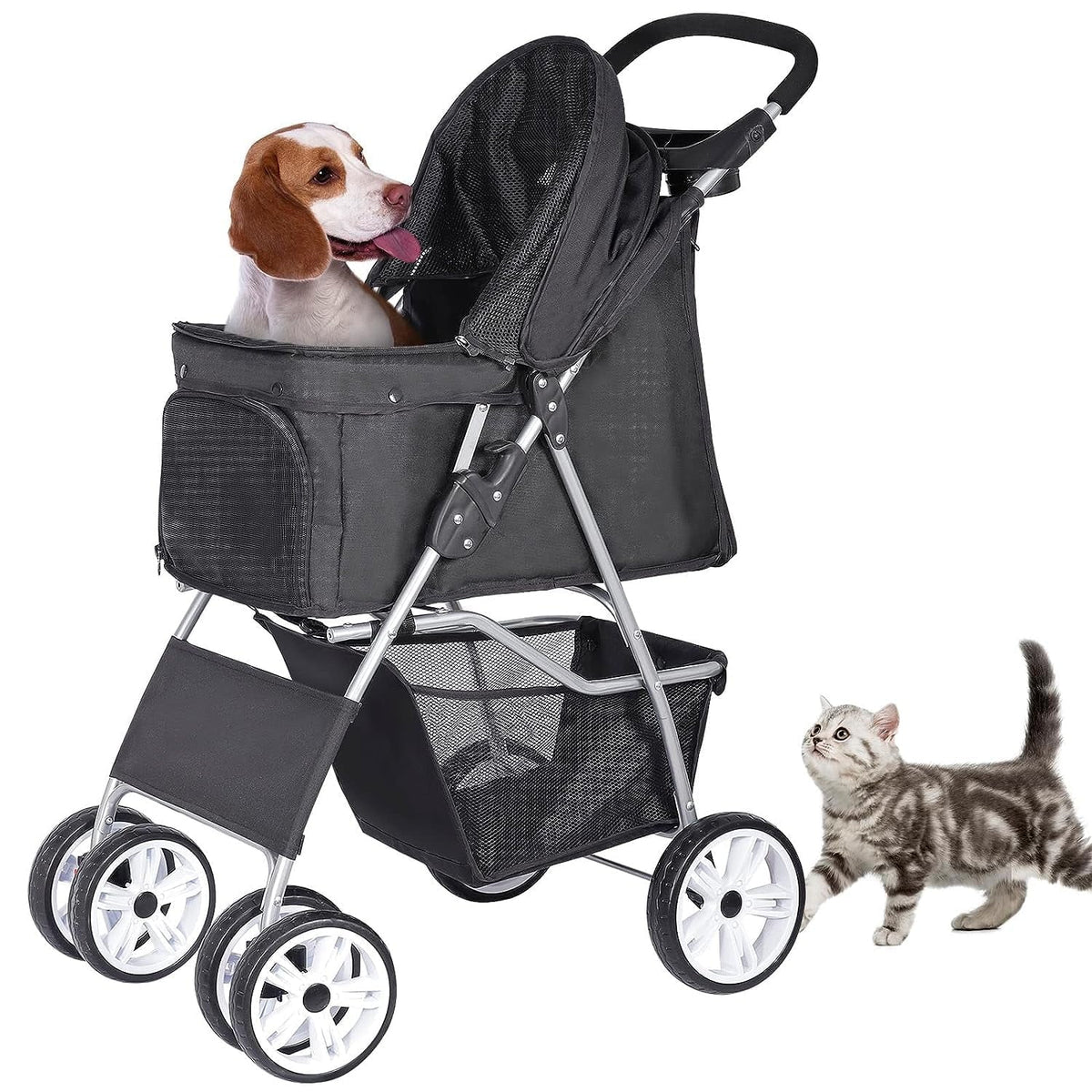 Foldable Cat/Dog Pet Stroller With 4 Wheel, Storage Basket, Cup Holder - Black