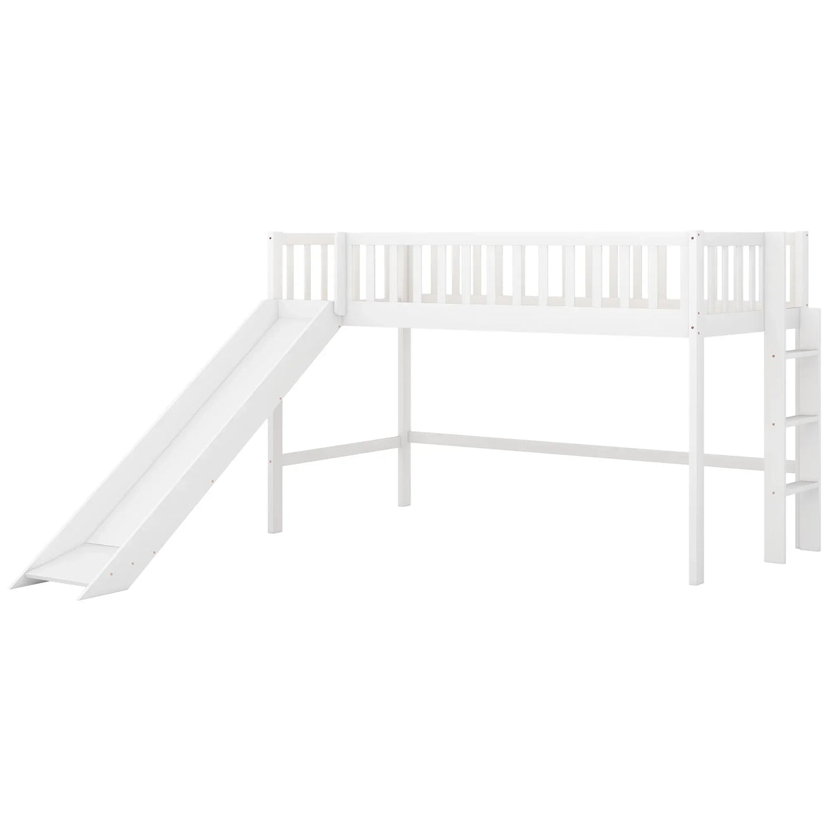 Twin Size Low Loft Bed With Slide And Ladder, White