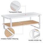Glass Top Imitation Rattan Solid Wood Side Table, White - W1151134809