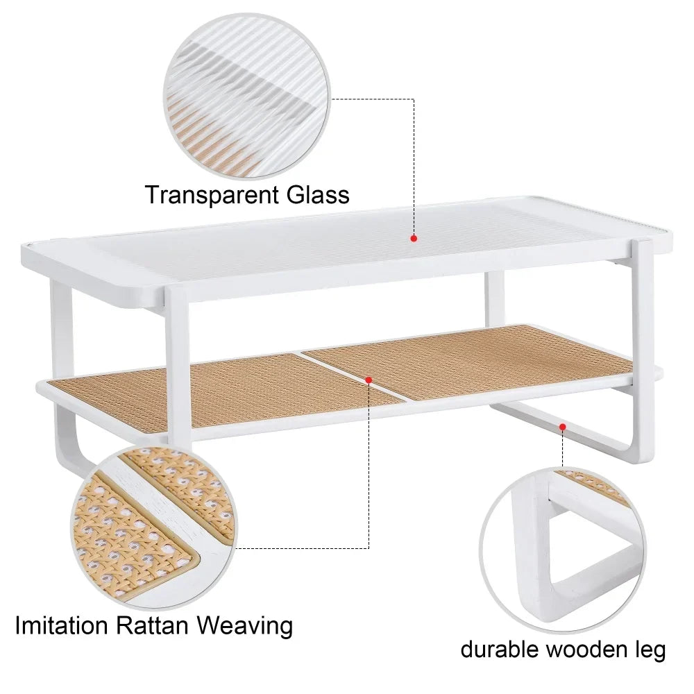 Glass Top Imitation Rattan Solid Wood Side Table, White - W1151134809
