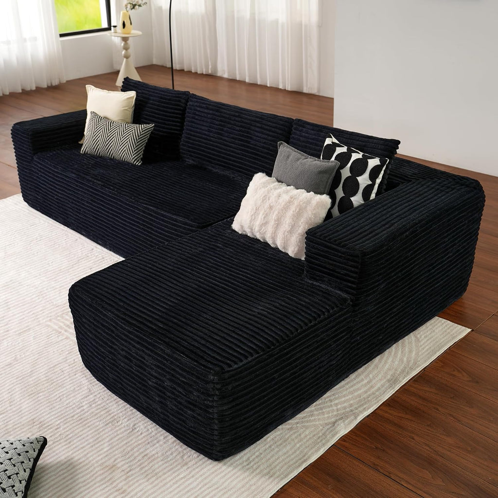 ovios 104in L-Shape Sectional Sofa With Chaise, Grey Plush Corduroy Fabric