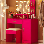 Ktaxon Vanity Makeup Table With Stool, 3-Color Lighted Mirror, 3 Shelves, Drawers, White - 35.43 x 15.55 x 29.53-53.27 in