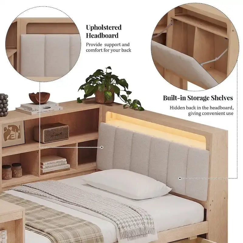 Ivery Furniture L-Shaped Wooden Twin/Full Daybed With Desk, Bookcase, Drawers And RGB Light - Natural/White