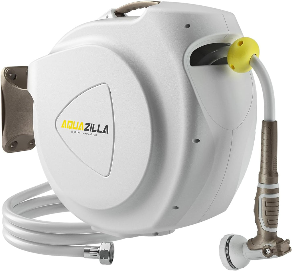 AQUAZILLA Retractable Garden Hose Reel, 5/8 in x 100+6 ft, Wall Mounted, White - 10 Pattern Spray Nozzle