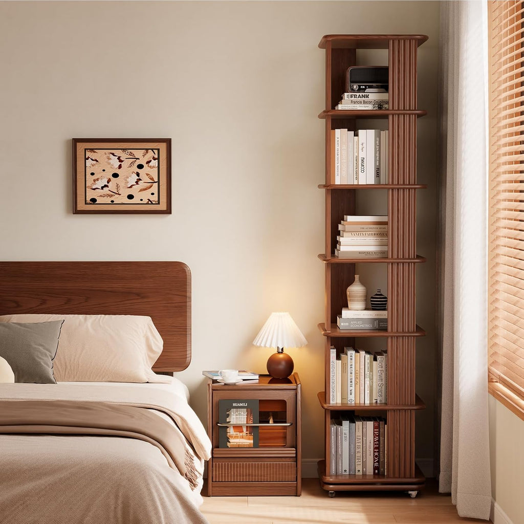 Solid Wood 6-Tier 360 Degree Rotating Rolling Bookshelf - Walnut