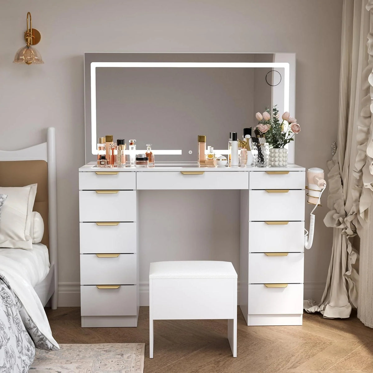 Glass Top Makeup Vanity Desk With Mirror, Lights, 11 Drawers And Bench - White