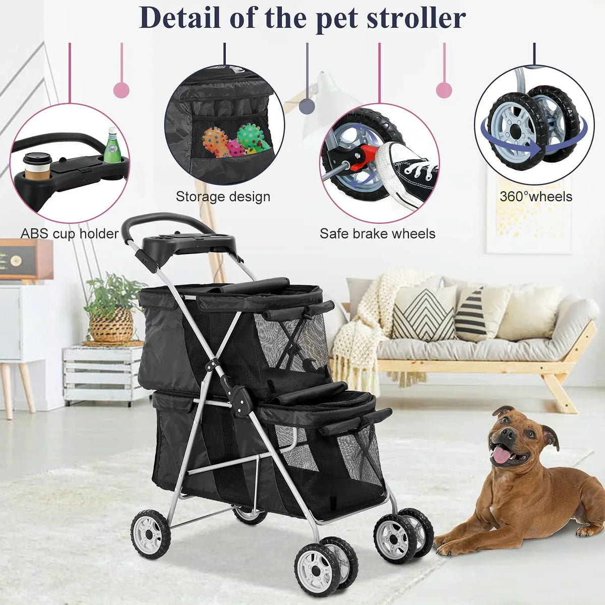 4-Wheel Foldable Pet Stroller With 2 Cages
