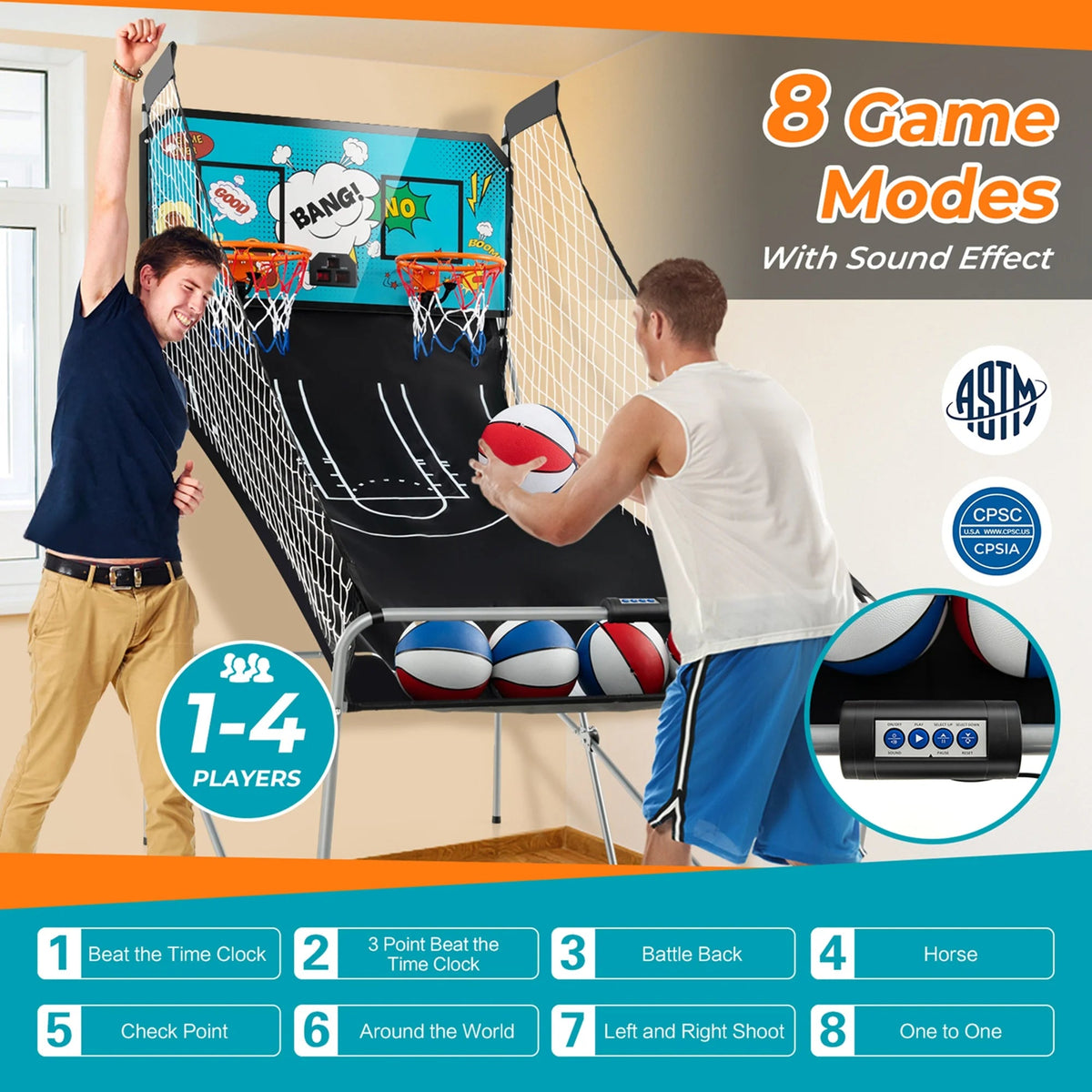 Costway Dual Shot Basketball Arcade Game, Blue, 8 Game Modes, 81in x 43in x 81in