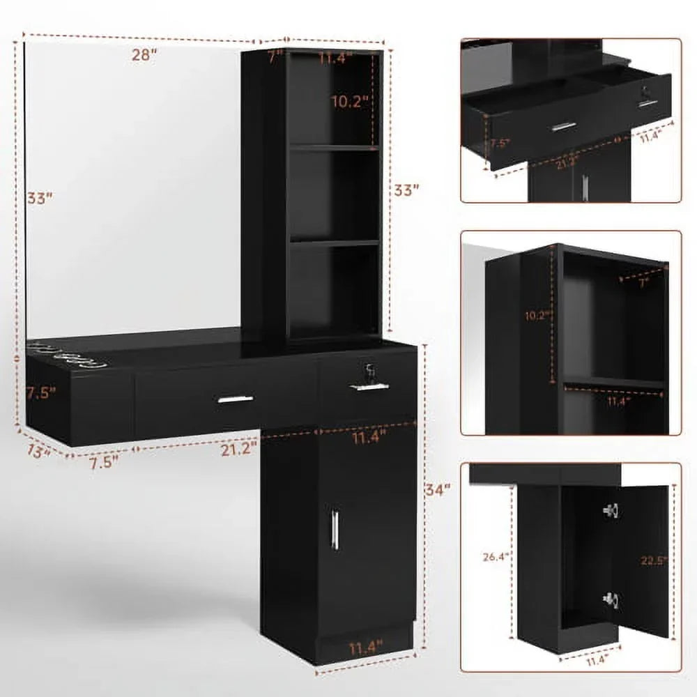 OmySalon Wall Mount Salon Station With Mirror, 1 Storage Cabinet, 2 Drawers And 3-Tier Shelf - Black