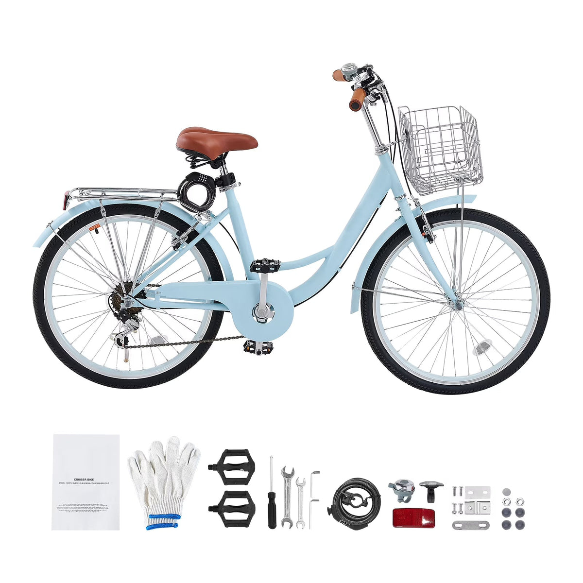 KFFKFF 26 in 7-Speed Cruiser Bike, Pale Blue With Front Basket And Rear Rack - SCB722-B