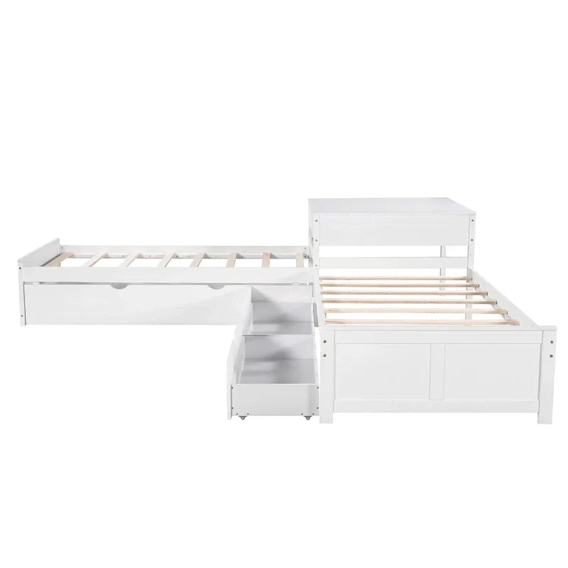 White Twin Size L-Shaped Platform Bed With Trundle And 2 Drawers