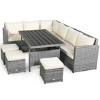 7-Piece Rattan Patio Dining Set With 3 Corner Chairs, 3 Ottomans And Table