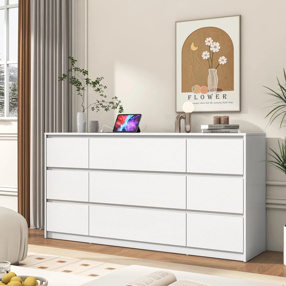 ChVans 9-Drawer Dresser With Charging Station, Black, 63in x 15.7in x 31.5in