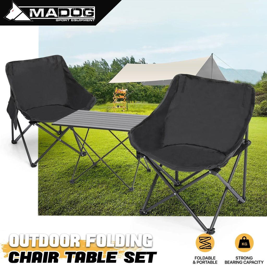 MADOG 3-Piece Folding Camping Table And Chairs Set, Black, Table 26.5 x 18.5 x 16.0 in, Chair 17.0 x 17.0 x 27.0 in