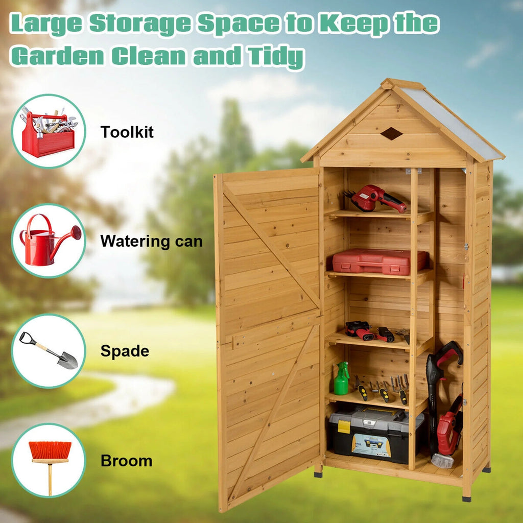 Gymax Outdoor Wooden Garden Tool Storage Shed With 5 Shelves, 28'' x 18'' x 63'' - Natural