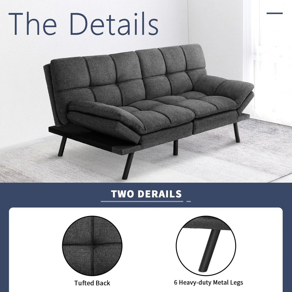 Memory Foam Futon Sofa Bed With Adjustable Armrests And Backrest - Gray