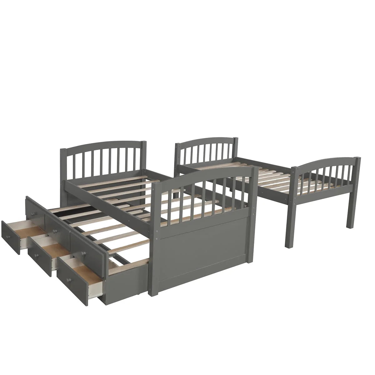 Twin-Over-Twin Bunk Bed With Trundle, Ladder, Safety Rail, 3 Drawers, Plywood, MDF and Pinewood - Gray