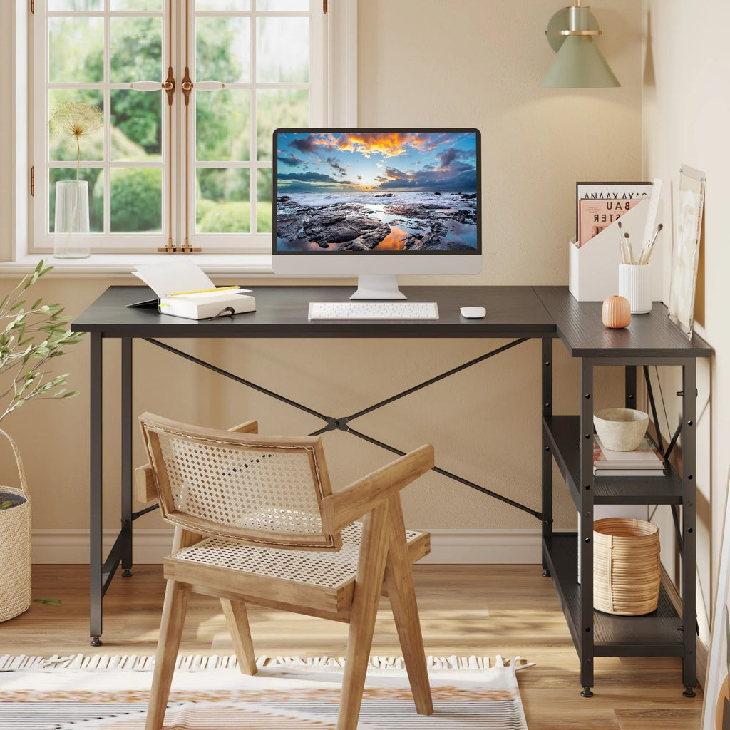 Small L-Shaped Computer Desk With Reversible Storage Shelves - 55-Inch / 47-Inch