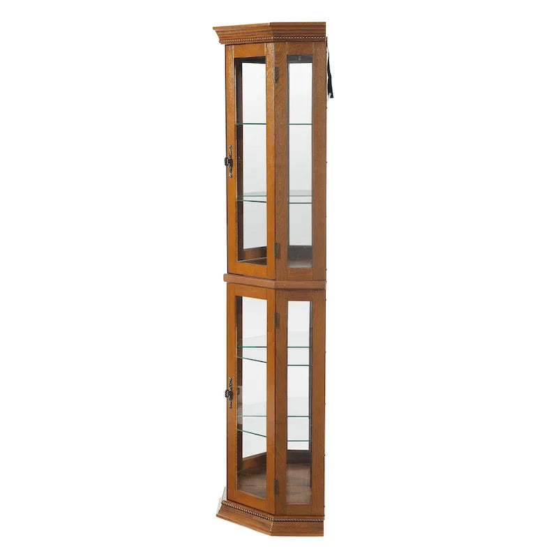 Corner Curio Display Cabinet With Lights, Mirrored Back And 6 Tempered Glass Shelves