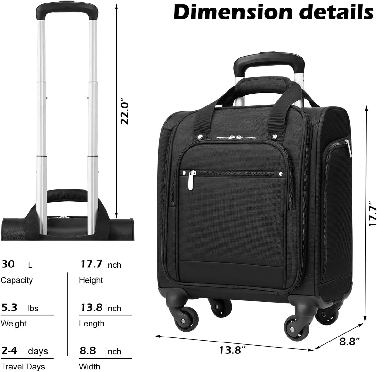 Underseat Carry-On Softside Spinner Luggage - Underseat-14-Inch-Plus