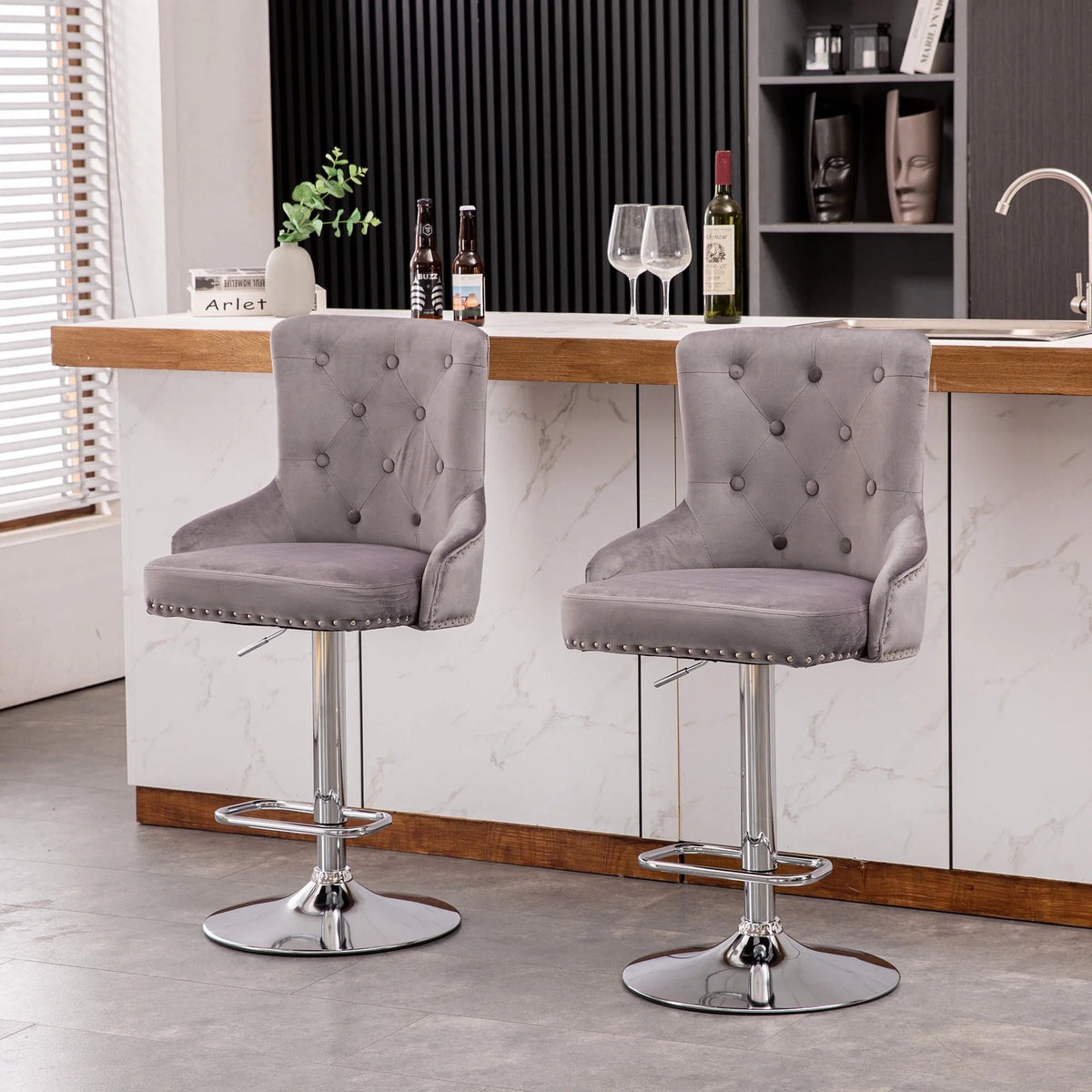 Alexent 2-Piece Swivel Bar Stools, Dark Blue, 43.7-51.6 H, 19.3 W x 18.1 D - Silver Footrest