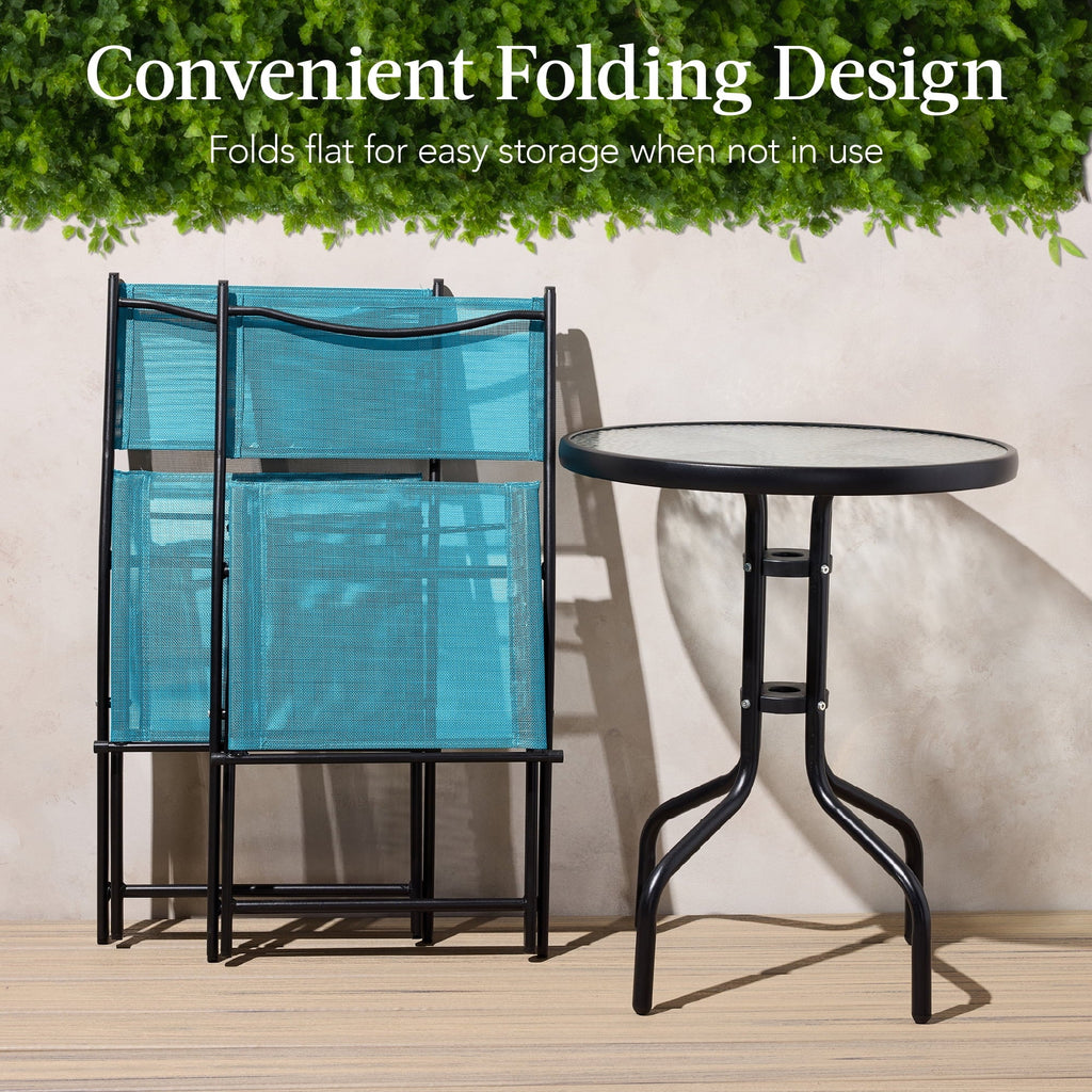 Best Choice Products 3-Piece Patio Bistro Dining Set With Glass Tabletop And Folding Chairs - Gray