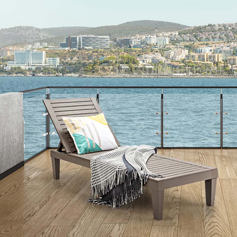 Outdoor Patio Chaise Lounge Chair Recliner - Adjustable 5 Positions, Wood Texture Design