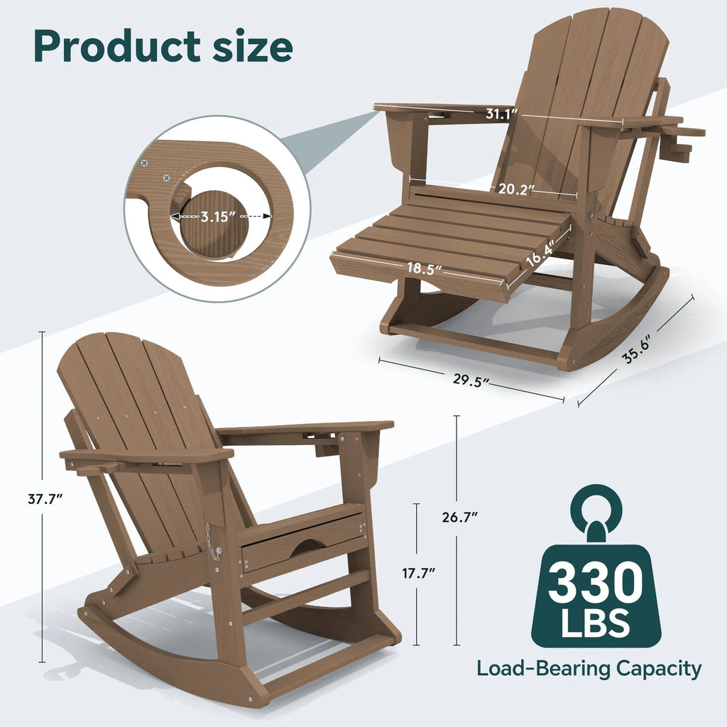 KINGYES Folding Adirondack Rocker Chair Set Of 2 With Footrest And Dual Cup Holders - Black
