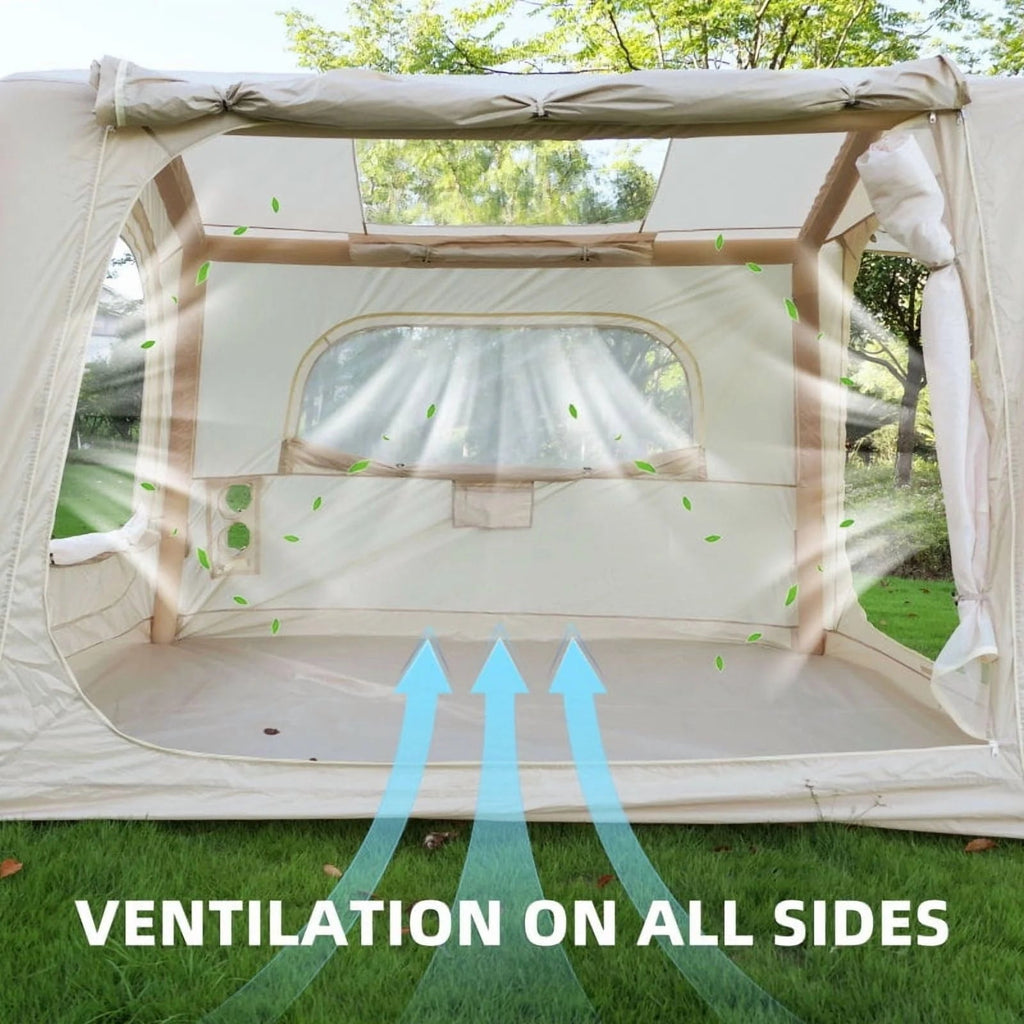 Beige Inflatable Camping Tent, 4-6 Person, 118in L x 98.5in W x 83in H, 4-Season, Oxford