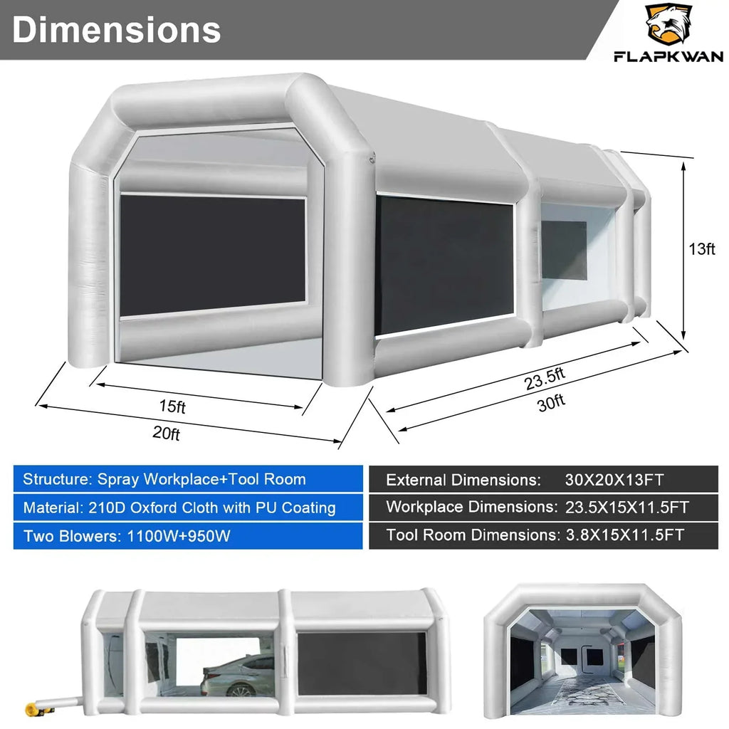 FLAPKWAN Inflatable Paint Booth 30X20X13FT With 1100W+950W Blowers