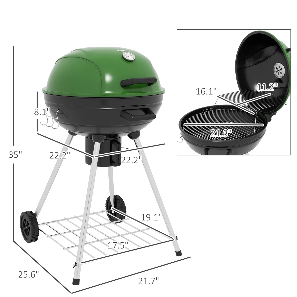 Outsunny 21 Inch Green Kettle Charcoal BBQ Grill With Wheels - 846-142V00GN