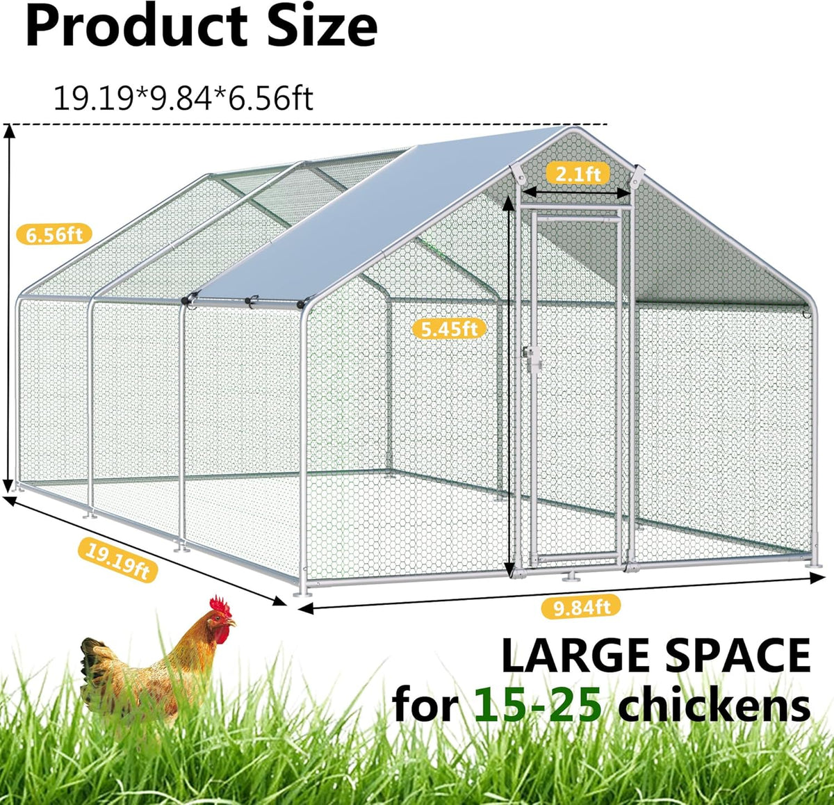 HITTITE Large Metal Chicken Coop With Run 19.19 x 9.84 x 6.56 ft - Walk-In Poultry Cage